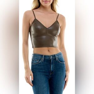 NWT Luxury Streetwear Socialite Brown Cropped Faux Leather V-neck Cami/Top